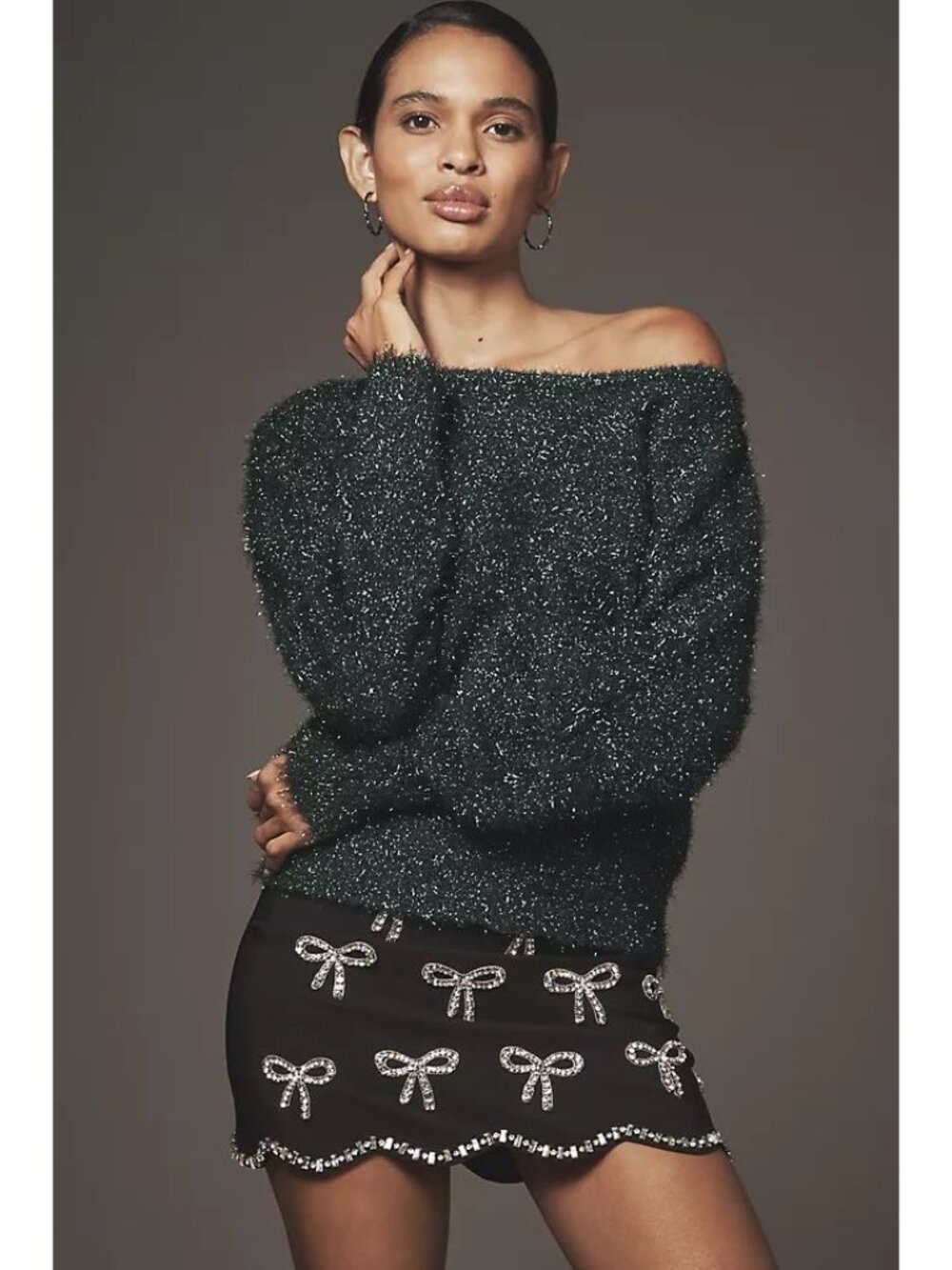 Anthropologie NWT Long-Sleeve Boatneck Tinsel Sweater in Pine Green size Medium